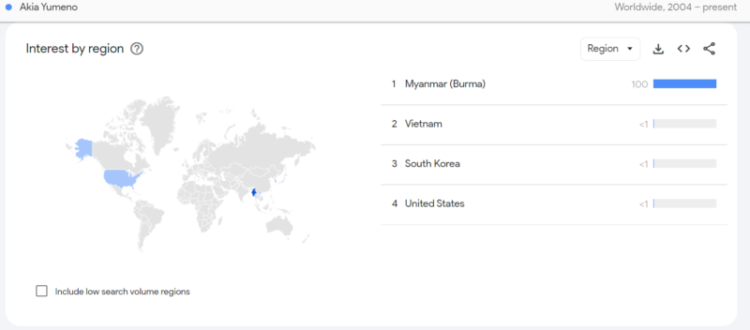 Akia Yumeno countries map data
