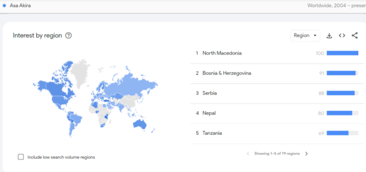 Asa Akira trends data google map countries