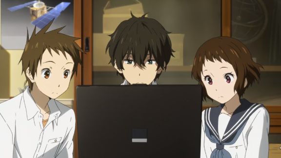 hyouka anime characters watching tv