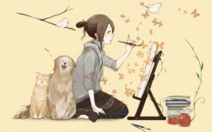 anime artist girl and dog wallpaper